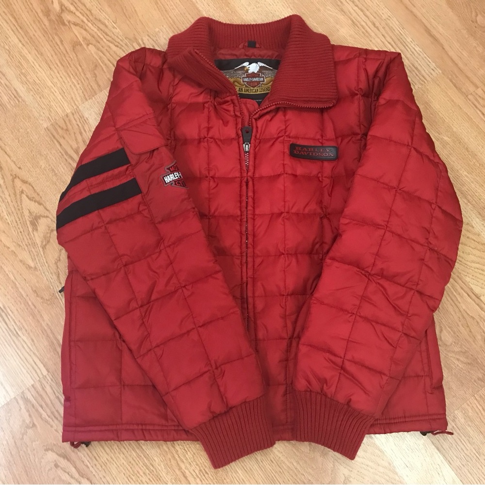 Harley-Davidson Red Quilted Puffer Jacket with Black Sleeve Stripes